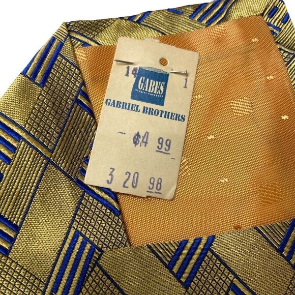 Oscar de la Renta Mens Necktie Tie Gold Blue Geometric Silk Couture Collection - Picture 6 of 8